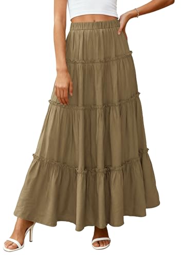 PRETTYGARDEN Women's Boho Tiered Ruffle Flowy Maxi Skirt - color: Army Green, size: Medium