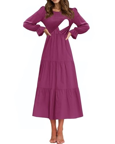 CzzzyL Women's Nursing Dress Smocked Bodice Ruched Midi with Pockets - color: Voilet, size: Medium