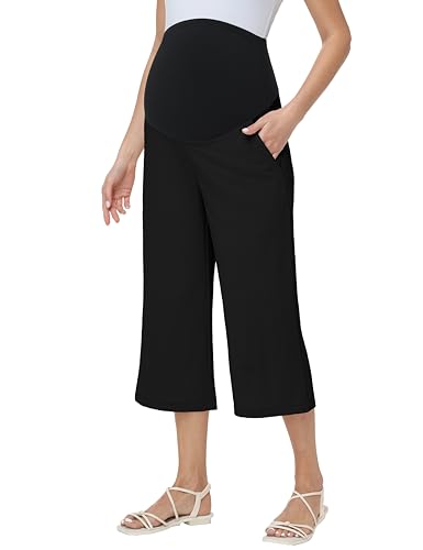Maternity Capris Wide Leg Pregnancy Cropped Pants - color: Black, size: Small