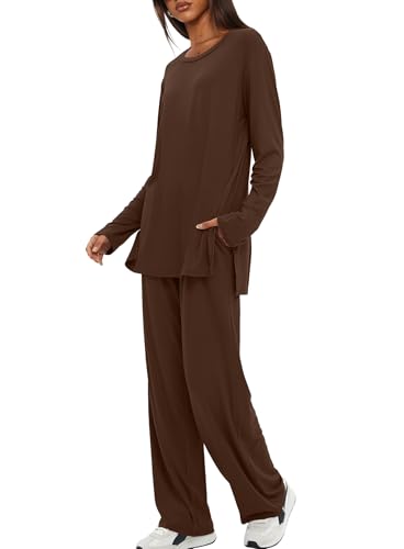 Darong Womens 2 Piece Fall Lounge Sets Oversized Tops Wide Leg Pants - color: Coffee, size: Small