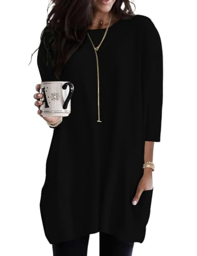 Poetsky Womens 3/4 Sleeve Tunics or Tops to Wear with Leggings Long Shirts - color: Black, size: Small