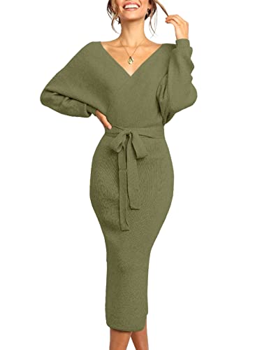 Womens Maxi Sweater Dress Long Sleeve Batwing Wrap V Neck Fall Dresses - color: 1-army Green, size: X-Large