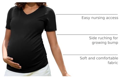 Bhome Maternity Shirt Short Sleeve Pregnancy Tshirt Side Ruched Tee Top - color: Black/Black, size: Medium