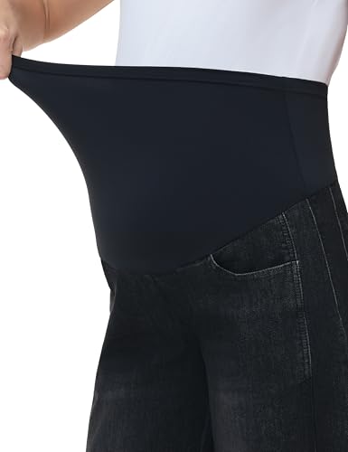 Maternity Barrel Jeans Wide Leg Denim Pants - color: Washed Black, size: Small