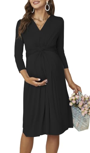 Fall Maternity Midi Dress V Neck 3/4 Sleeve Baby Shower - color: Black, size: Small