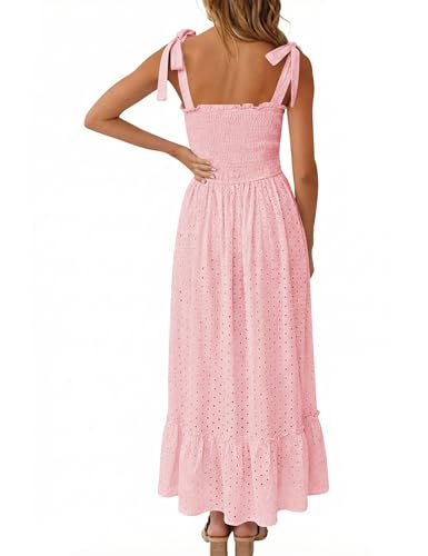 Tobrief Women's Boho Dress Summer Spaghetti Strap Square Neck Flowy Ruffle Beach Long Maxi Dress - color: A-pink, size: X-Large