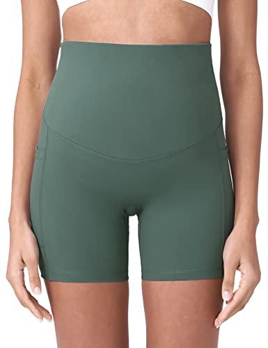 POSHDIVAH Maternity Biker Shorts Over the Belly with Pockets 5"/8" - color: Crab Green, size: Medium