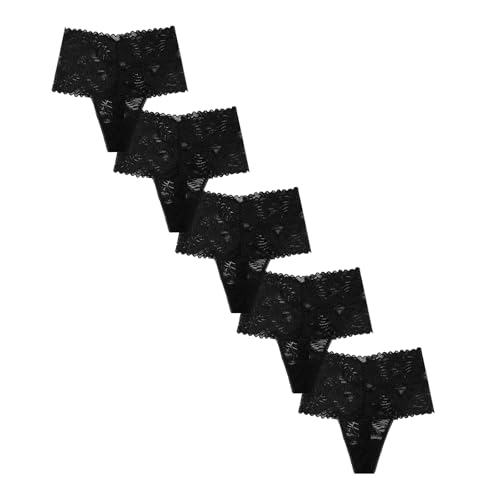 High Waisted Leaf Thick Waistband Lace Cotton Soft Thong Plus Size - color: 5 Pieces Black, size: Medium
