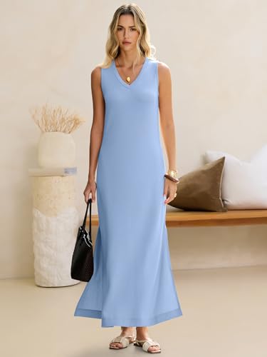 ANRABESS Womens Summer Sundress Wrinkle Free Sleeveless Maxi Dress &Pockets - color: Light Blue, size: Small