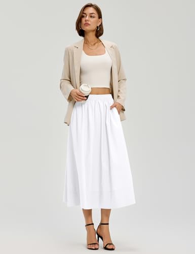 LOMON Midi Skirts for Women with Pockets A-Line Cotton Flowy Elastic Waist - color: White, size: X-Large