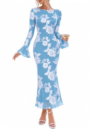 MEROKEETY Women's Floral Wedding Guest Cocktail Maxi Dress - color: Skyblue, size: Large