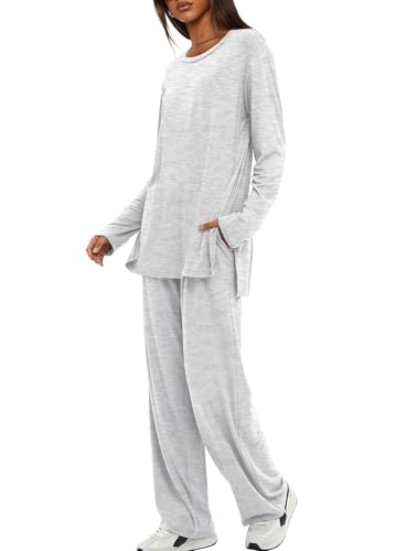 Darong Womens 2 Piece Fall Lounge Sets Oversized Tops Wide Leg Pants - color: White Grey, size: Large