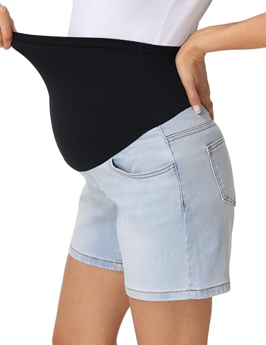 Foucome Women's Maternity Jean Shorts Over the Belly - color: Light Blue, size: Medium