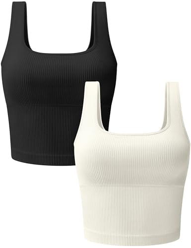 OLCHEE Womens 2 Pack Crop Tank Tops Square Neck Workout Top Padded - color: Black + Beige, size: Small