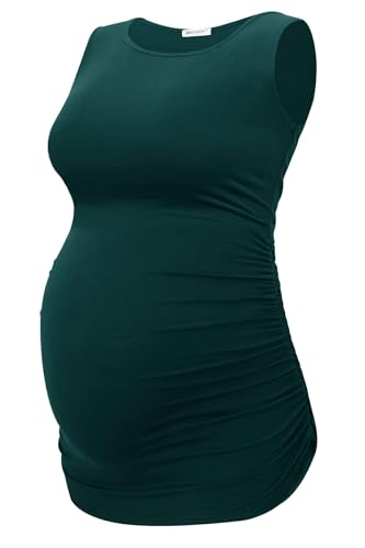 Smallshow Women's Maternity Tank Tops Sleeveless Ruched Pregnancy Clothes 3-Pack - color: Black/Light Grey/Deep Green, size: Medium