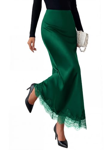BTFBM Lace Trim Satin Skirts for Women Elegant - color: Dark Green, size: Small