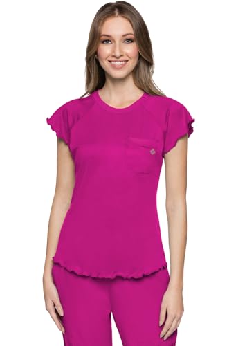 Med Couture Layers Womens Scrubs Top Rib Knit Neck Chest Pocket - color: Amp Pink, size: Small