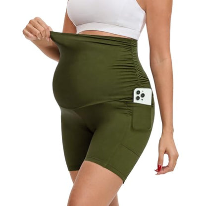 Maternity Biker Shorts with Pockets Over The Belly 6" - color: Army Green, size: Medium