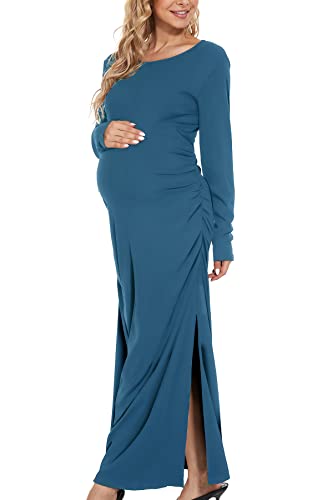 Smallshow Women's Ruched Long Sleeve Split Maternity Dress - color: Grey Blue, size: X-Large
