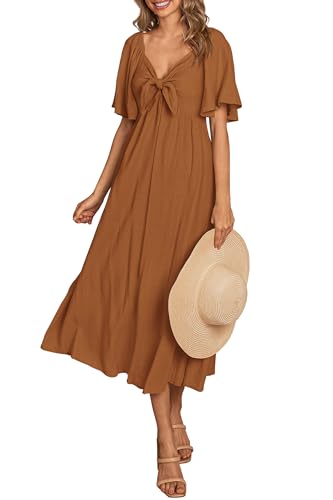 PRETTYGARDEN Women's Summer Bow Tie V Neck Midi Dresses - color: Brown, size: Small