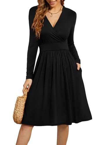 WEACZZY Women's Long Sleeve V Neck Casual Fall Dresses with Pockets - color: 01 Long Sleeve Black, size: X-Large