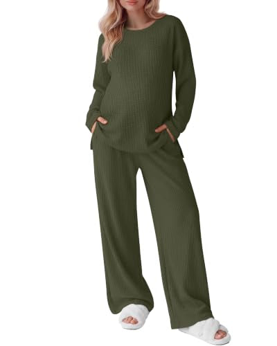 Huukeay Women's Maternity 2 Piece Waffle Outfits Lounge Set - color: Army Green, size: Medium