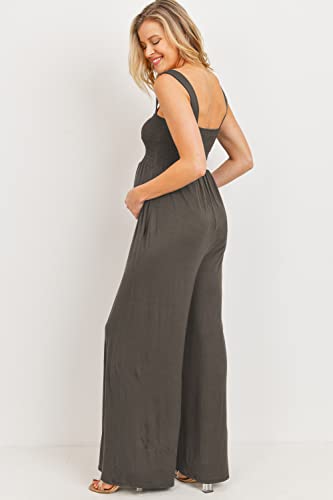 Women's Maternity Sleeveless Jumpsuit Romper with Smocked neck and pockets - color: Cocoa, size: Medium