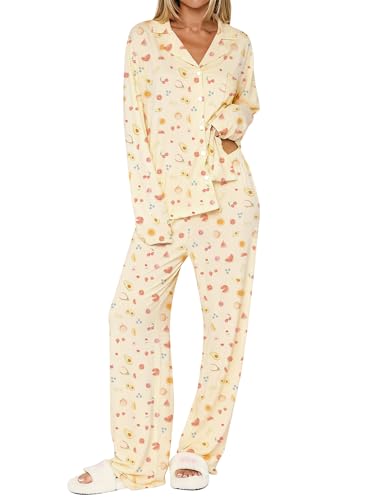 Dressmine Ladies Long Sleeve Cute Pajama Sets 2 Piece Fall Outfits - color: Yellow Fruit, size: Large
