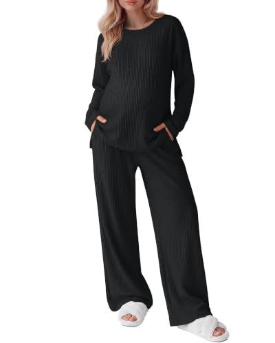 Huukeay Women's Maternity 2 Piece Waffle Outfits Lounge Set - color: Black, size: Medium