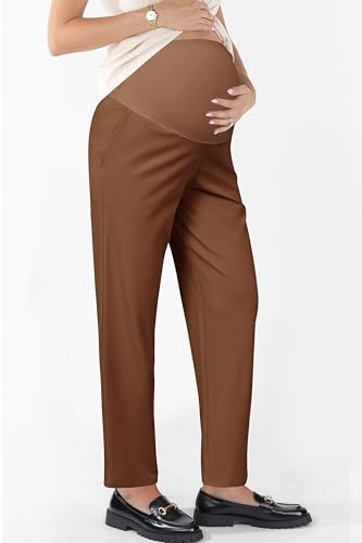 OUGES Women's Over Belly Straight Leg Maternity Pants with Pockets - color: Dark Coffee, size: Small
