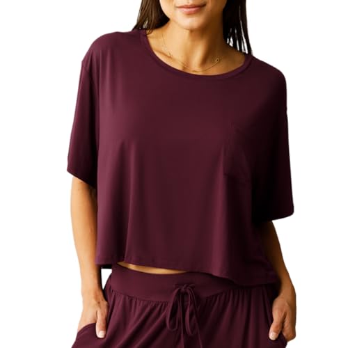 Kindred Bravely Aria Short Sleeve Crop Maternity Top, Nursing Breastfeeding - color: Deep Burgundy, size: Medium