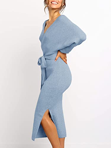 Womens Maxi Sweater Dress Long Sleeve Batwing Wrap V Neck Fall Dresses - color: 1-blue, size: Medium