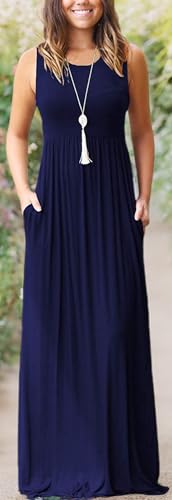 AUSELILY Women's Summer Sleeveless Loose Plain Casual Long Maxi Dresses - color: 01-navy Blue, size: Small