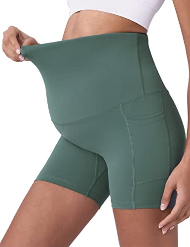 POSHDIVAH Maternity Biker Shorts Over the Belly with Pockets 5"/8" - color: Black Crab Green, size: Small