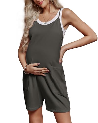 FMEYOA Maternity Romper Sleeveless Overall Shorts Jumpsuit with Pockets - color: Dark Grey, size: Medium