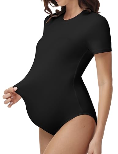 V VOCNI Maternity Bodysuit Short Sleeve Stretchy Basic Pregnancy T Shirt - color: Black, size: Small