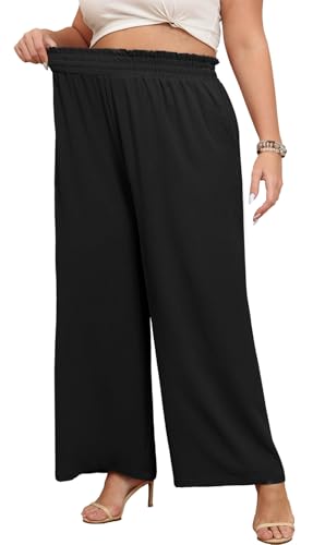 Lastshe Women's Plus Size Wide Leg Pants Elastic High Waist Hide Drawstring Loose Work Pants Palazzo Trousers with Pockets - color: 01 Black, size: 5X