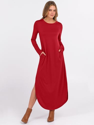 ANRABESS Women's Long Sleeve Fall Maxi T-Shirt Dress with Pockets - color: Bright Red, size: Medium