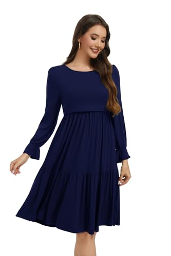 Smallshow Women's Ruffle Maternity Nursing Dress Long Sleeve - color: Navy, size: Large