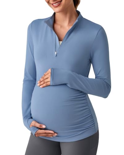 G4Free Lightbreeze Maternity Shirts Long Sleeve Quarter Zip Pregnancy Top - color: Dusty Blue, size: Medium
