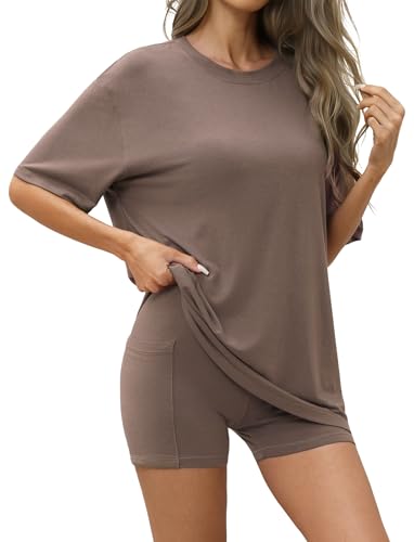 Womens Loungewear Oversized T-shirts and Biker Shorts - color: Brown, size: Medium