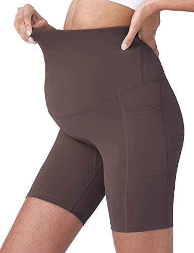 POSHDIVAH Maternity Biker Shorts Over the Belly with Pockets 5"/8" - color: Dark Brown, size: X-Large