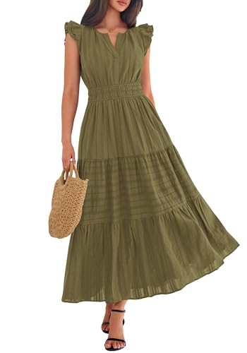 BTFBM Womens Summer Casual Ruffle Sleeve Maxi Dress - color: Army Green, size: Medium