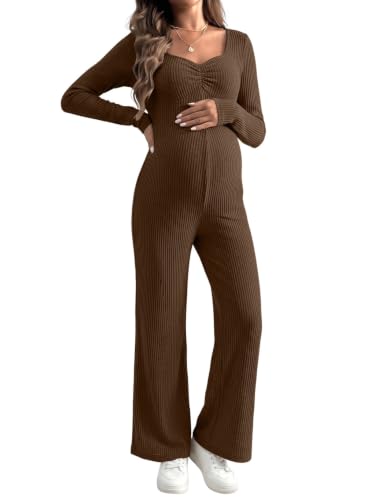 BLENCOT Maternity Ribbed Jumpsuit Long Sleeve Square Neck Stretchy Romper - color: Brown, size: Small