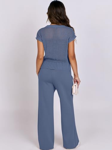 ANRABESS Women Two Piece Outfits Crochet Lounge Matching Travel Sets - color: Deep Blue, size: Small