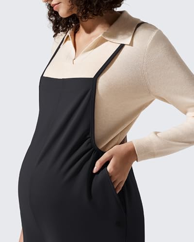 G4Free Maternity Jumpsuits Adjustable Strap Wide Leg Pregnancy Rompers - color: Black, size: Large