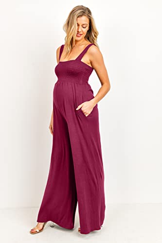 Women's Maternity Sleeveless Jumpsuit Romper with Smocked neck and pockets - color: Magenta, size: X-Large