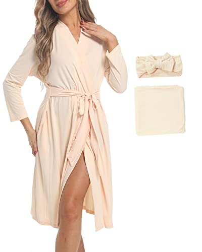 SUFEINI Maternity Robe with Matching Swaddle Blanket Set, Maternity Mommy Bathrobe Postpartum Robe Labor Gown - color: Aosa F06, size: X-Large