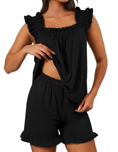 SIMIYA Pajamas for Women Set Ruffle 2 Piece Pj Sets Soft Bridal Sleepwear - color: Black, size: Medium