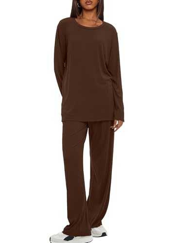 Darong Womens 2 Piece Fall Lounge Sets Oversized Tops Wide Leg Pants - color: Coffee, size: Small